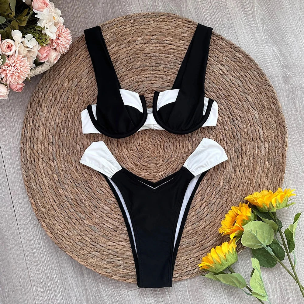 Black & White Colorblock Underwire Ruched Bikini Set