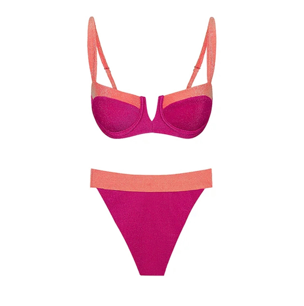 Fluorescent Pink Color Block BikiniSwimsuit Set