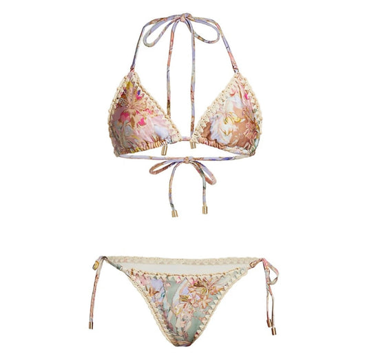 Floral Halter Top Neck Strap Bikini Set