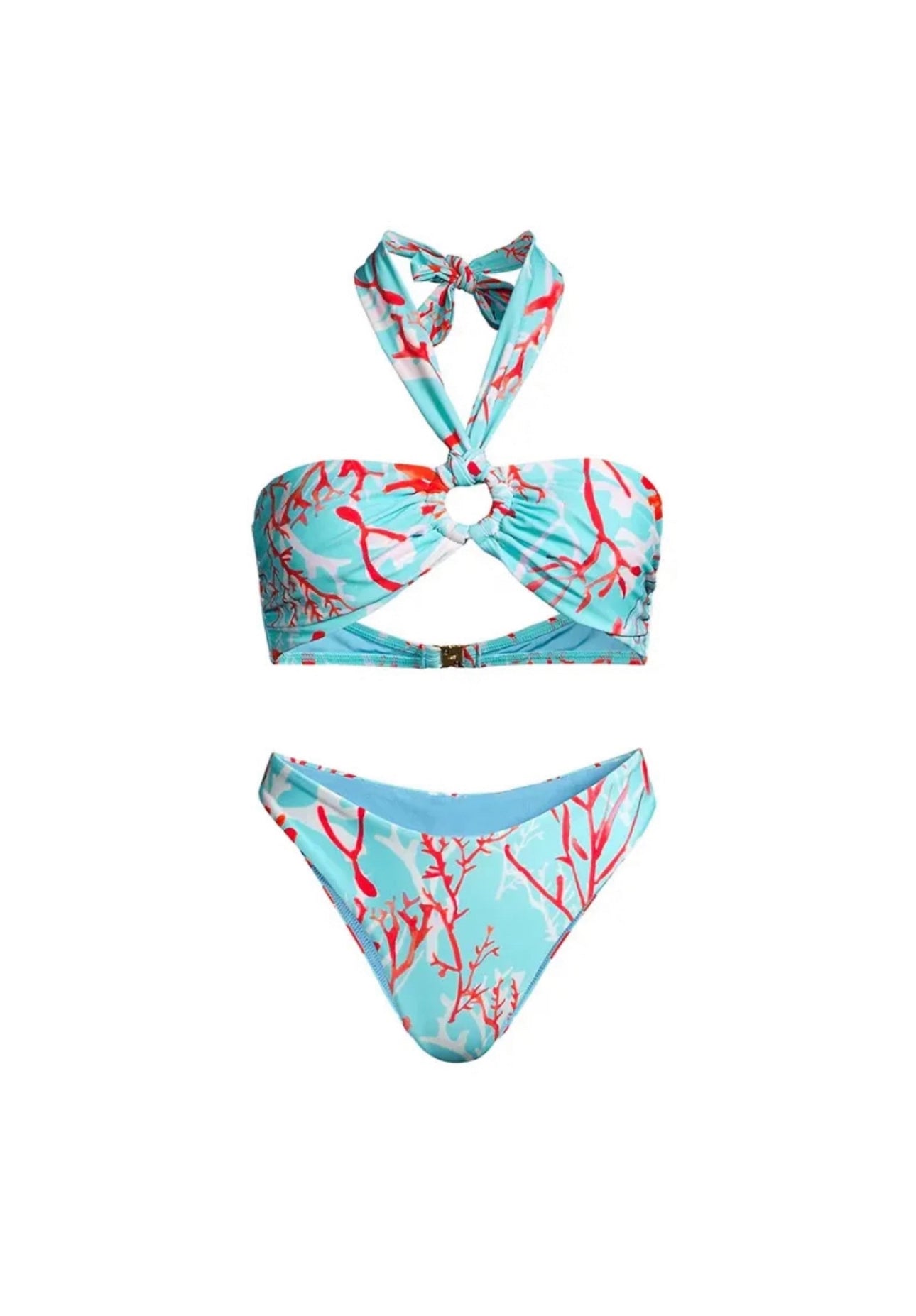 light blue swimsuit with coral print 